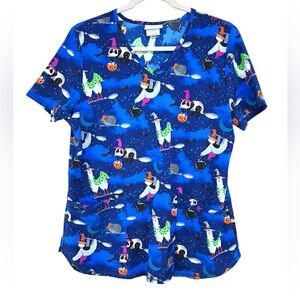 Scrubstar Whimsical Critters on Brooms Halloween Scrub Top Womens Medium